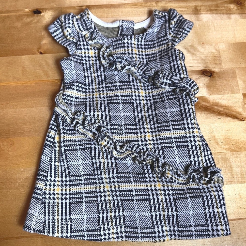 Janie and Jack Plaid Dress Baby Girls 3-6 Months Black‎ Yellow Ruffle NWOT